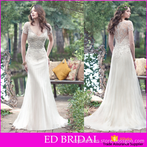 LN215 2016 new Stunning see through back short sleeve charming a line beaded wedding dress